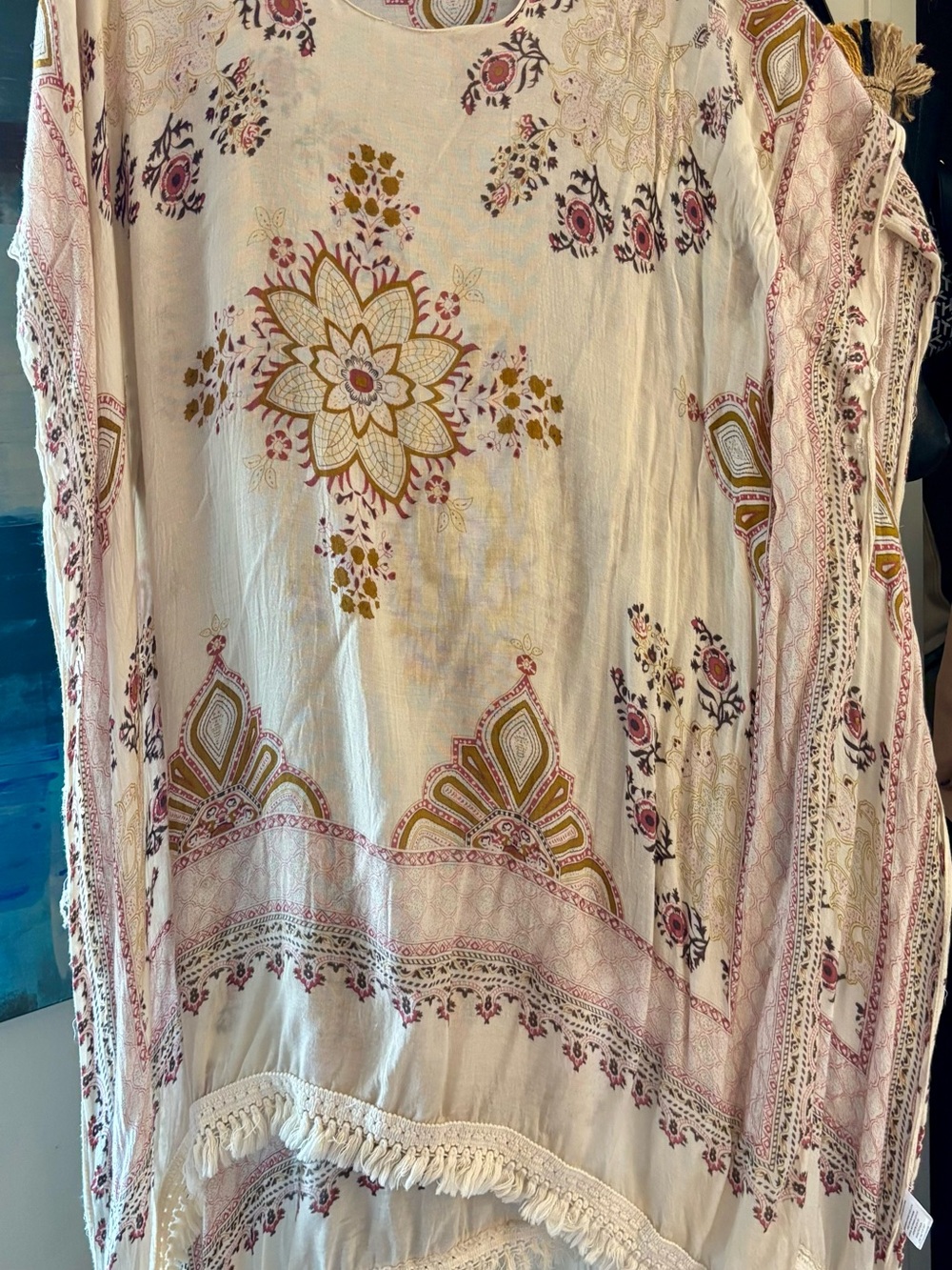 Woven Heart Cream Tunic with Pink and Mustard Floral Motif